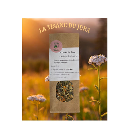 Sachet de La Tisane du Jura - La Muse des Prairies, tisane artisanale 40 g, achillée millefeuille, ortie, écorces d'orange et cannelle