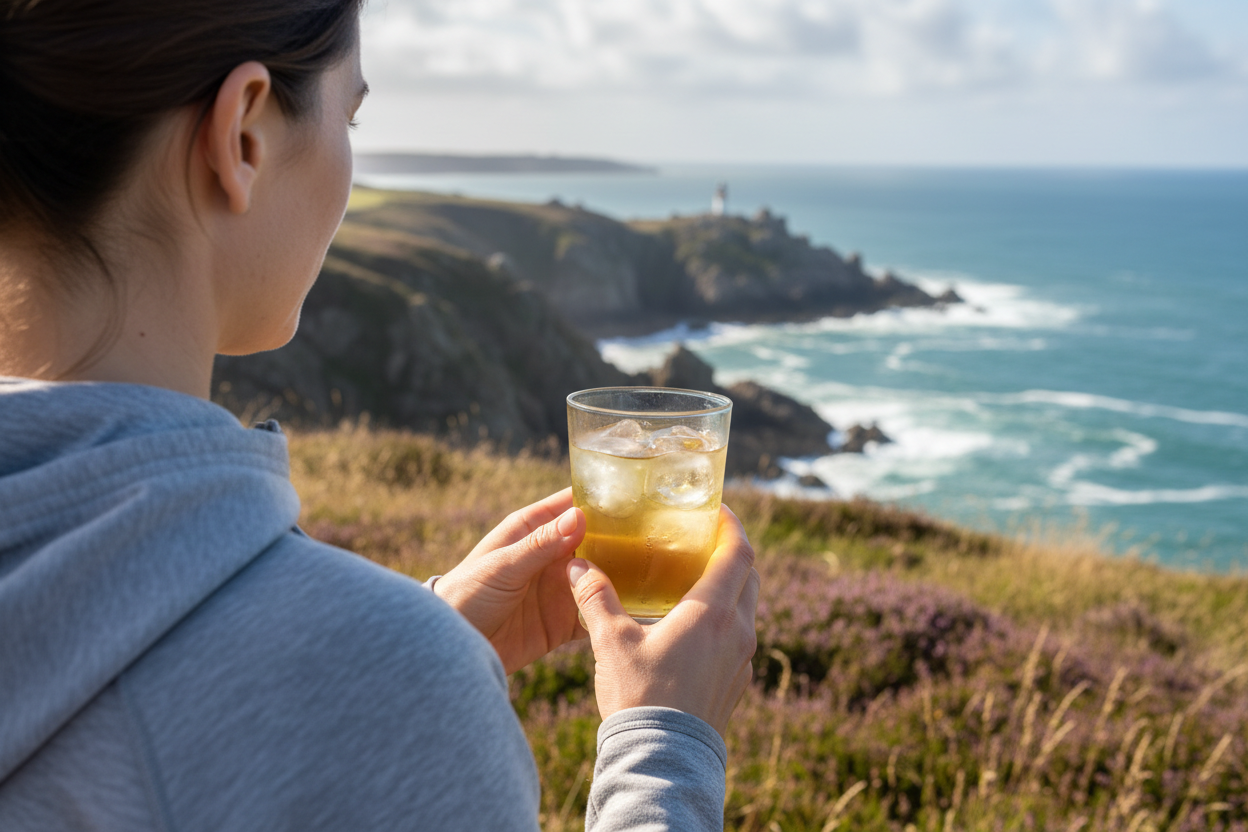 gros plan d'une tasse de tisane avec glaçons tenue par une femme sportive de dos face à un paysage breton